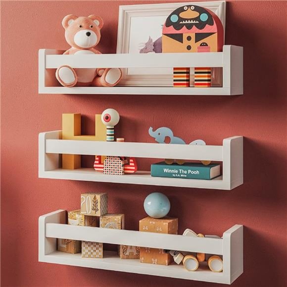 Set of 3 White Nursery Room Shelves - Solid Wood for Books (Classic White) - Picture 1 of 5